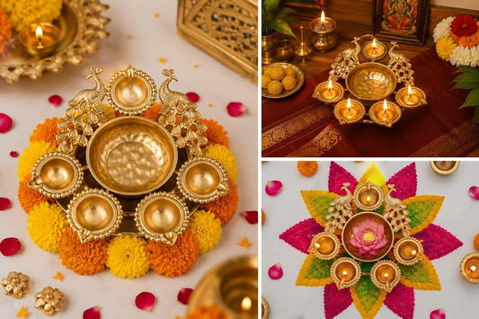 Artisanal Butterfly Design Gold Urli with Diya Set