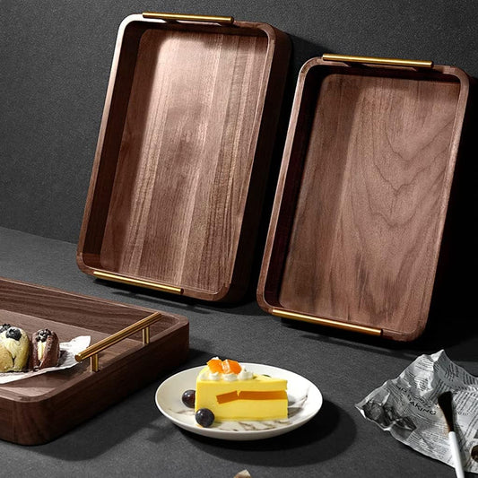 Set of 3 Premium Wooden Serving Trays with Gold Metal Handles