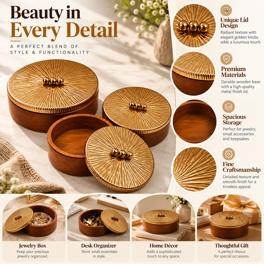 Luxury Wooden Storage Boxes with Gold Sunburst Lids