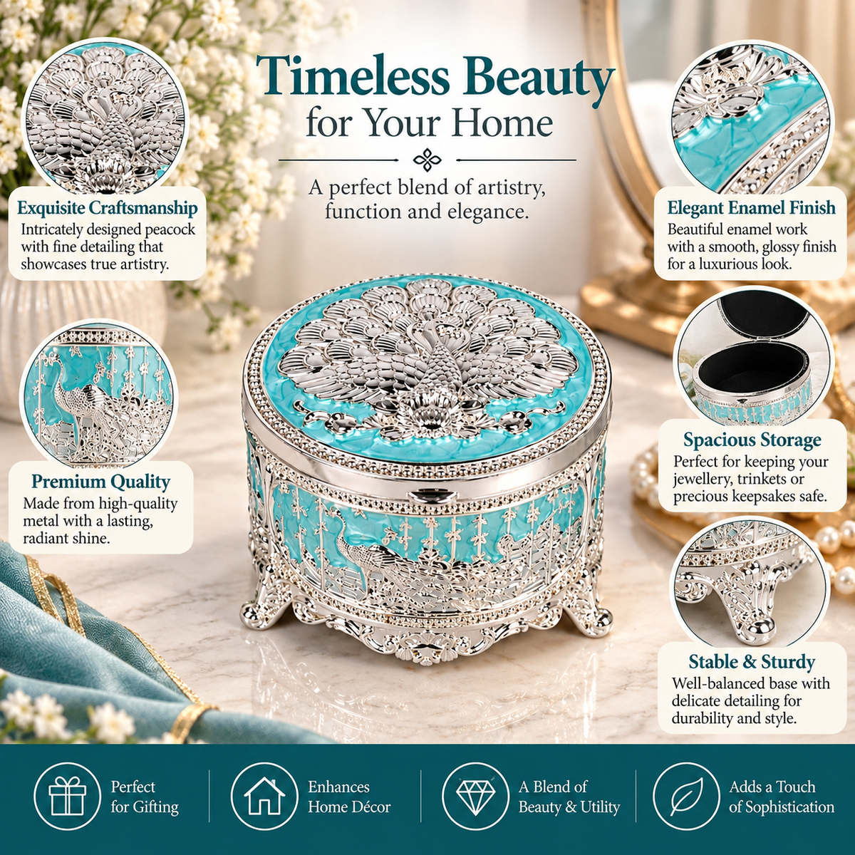 Peacock Jewellery Storage Box With Lid