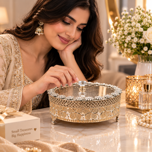 Silver Decorative Floral Round Box With Lid