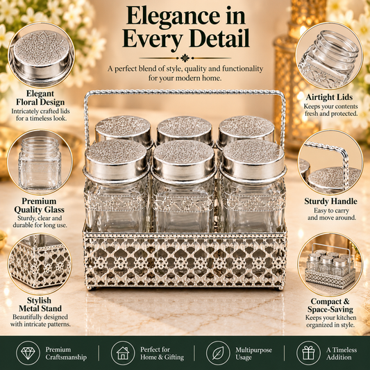 6 Piece Premium Glass Spice Jar Set With Holder