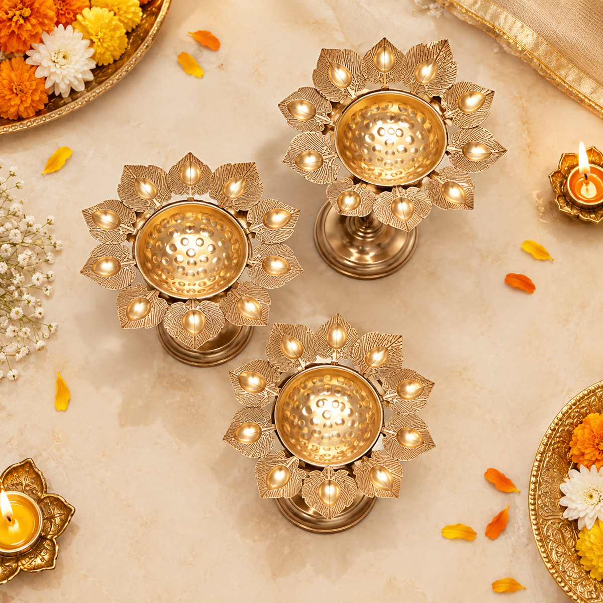Rose Gold Decorative Lotus Diya Set For Decor