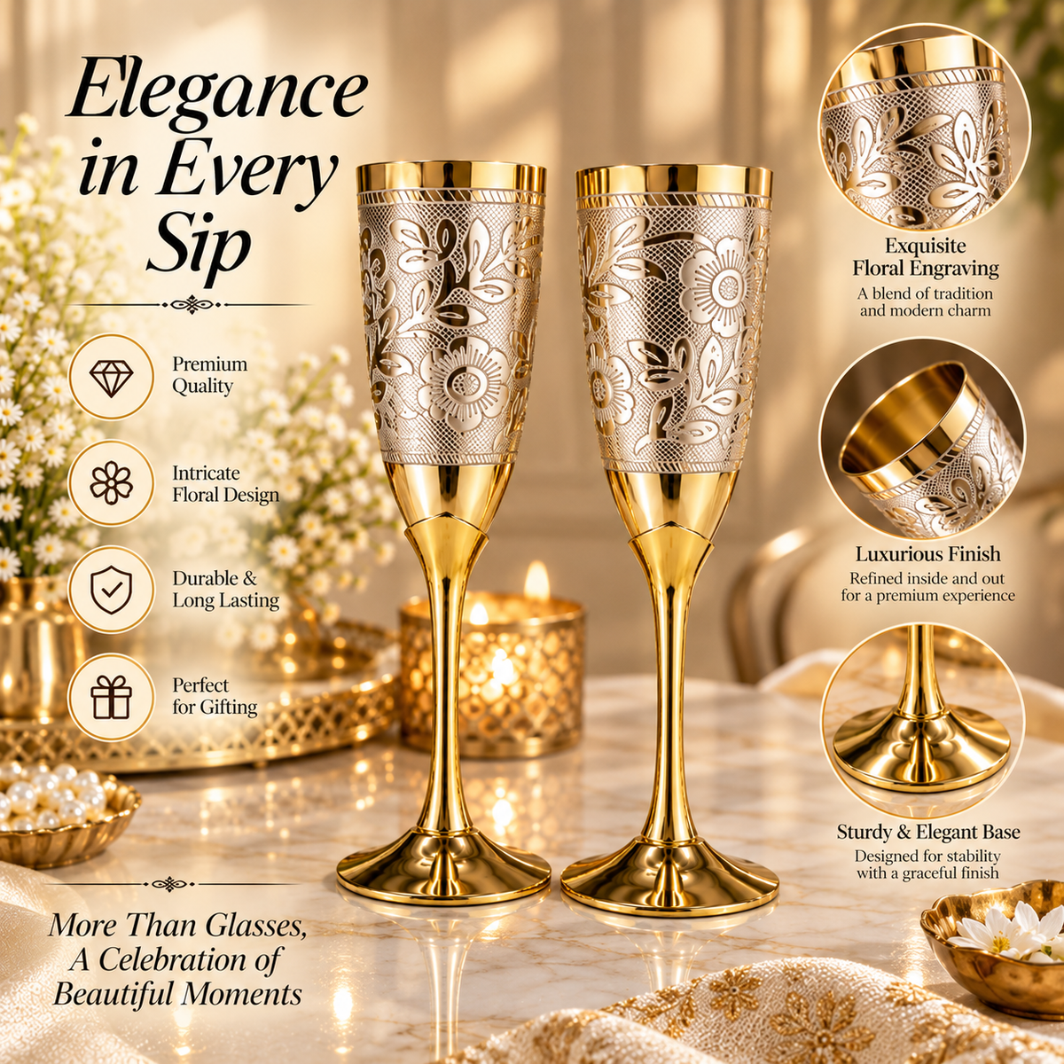 Floral Engraved Pure Brass Champagne Glasses