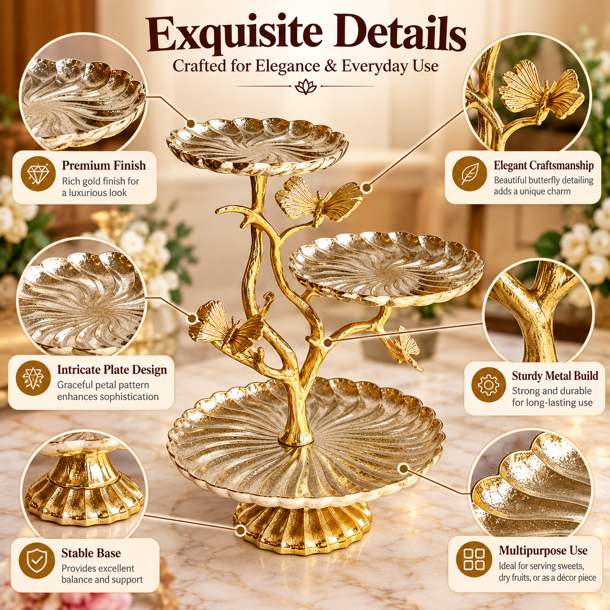 Elegant Gold Butterfly 3-Tier Serving Stand – Luxury Design & Timeless Charm