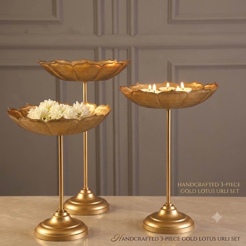 3-Piece Brass Gold Metal Lotus Urli Bowl Stand Set
