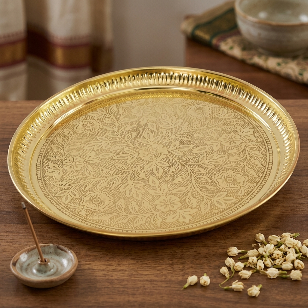 Floral Embossed Decorative Tray for Mandir & Servings