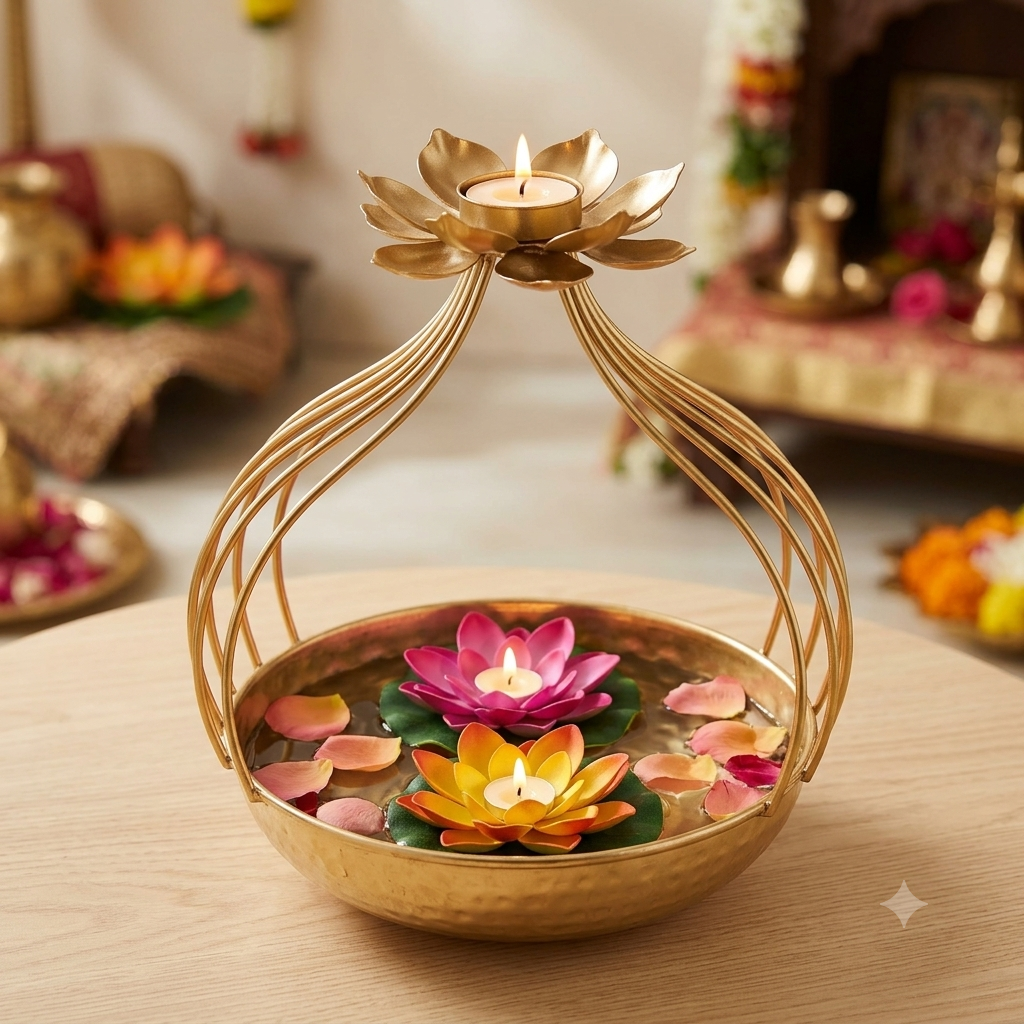 Golden Metal Lotus Urli Bowl Stand