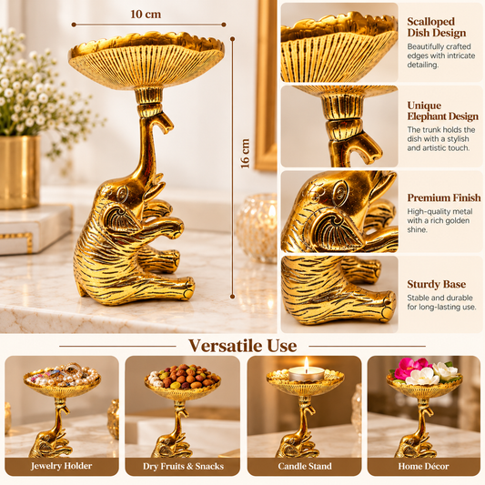 Elegant Gold Elephant Dish Stand – Decorative Metal Bowl Holder for Jewelry, Dry Fruits, Candles & Home Décor