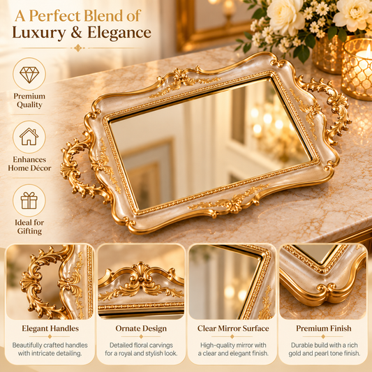 Luxury Gold & Ivory Ornate Mirror Tray – Royal Decorative Serving Tray for Vanity, Perfume & Home Décor