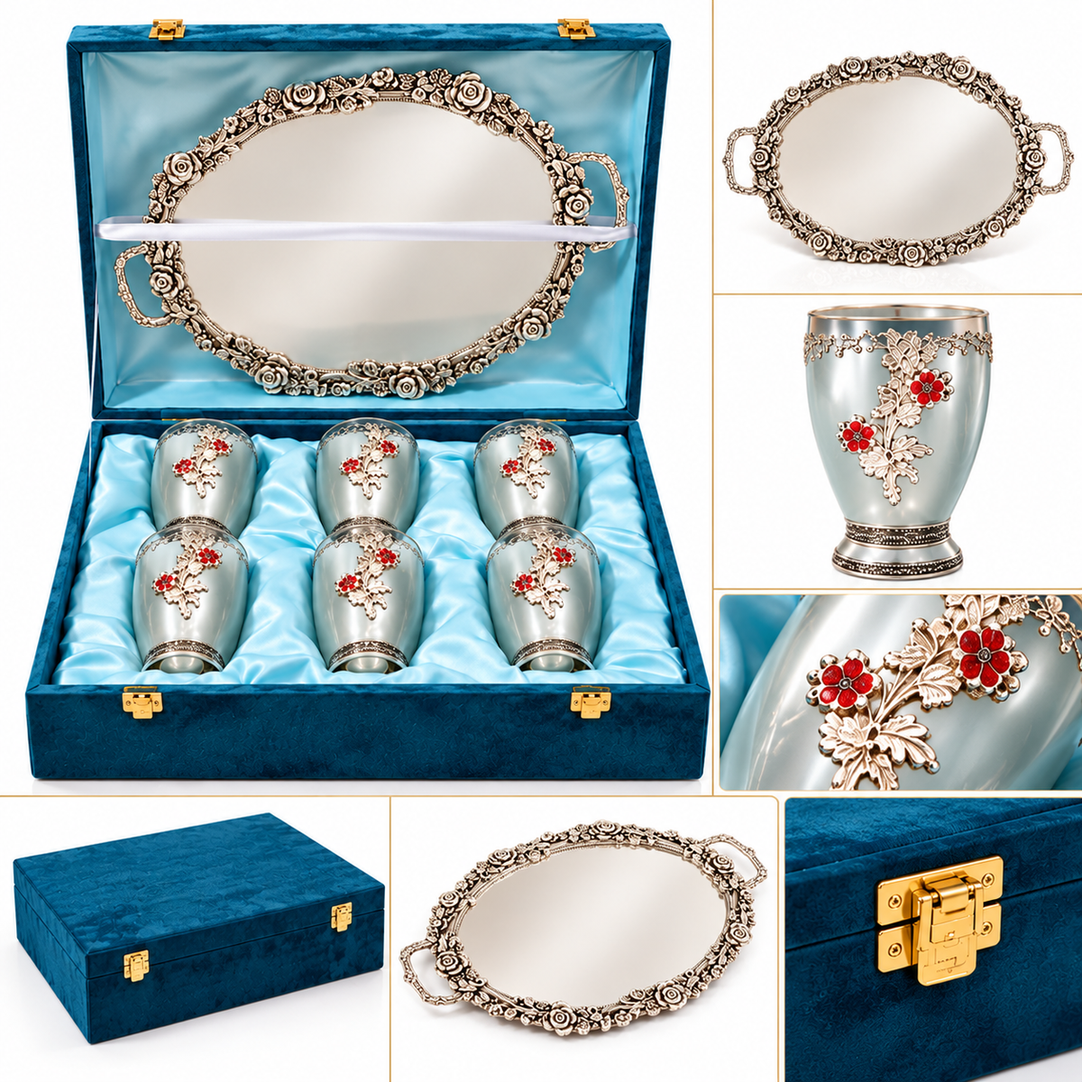 Luxury Silver Floral Tray & 6 Cup Gift Set in Premium Blue Velvet Box – Elegant Decorative Serving Set