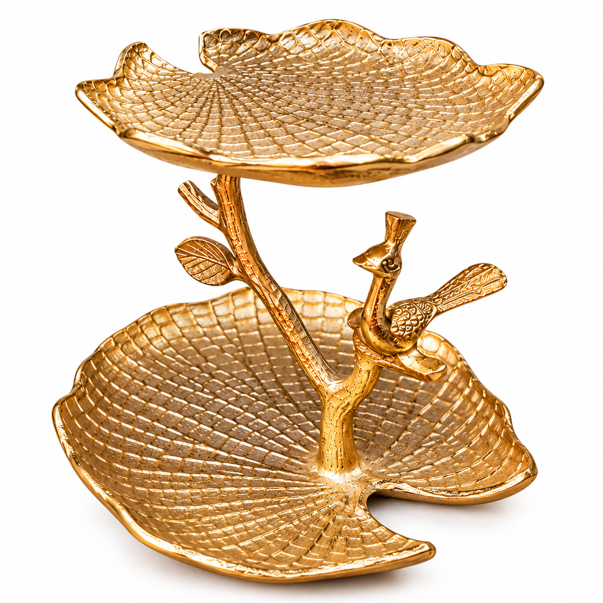 Elegant Gold Two-Tier Leaf Tray with Decorative Bird Accent – Luxury Metal Serving & Home Décor Stand
