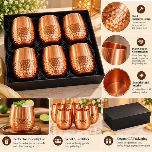 Set of 6 Hammered Copper Tumblers in Premium Black Gift Box – Elegant Copper Drinkware Set