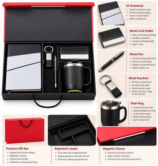 Premium 5-in-1 Corporate Gift Set with Dual-Tone A5 Notebook, Metal Bamboo Pen, Keychain, Card Holder