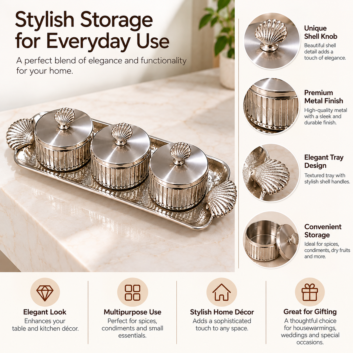 Luxury Silver Condiment Jar Set with Decorative Shell Handles