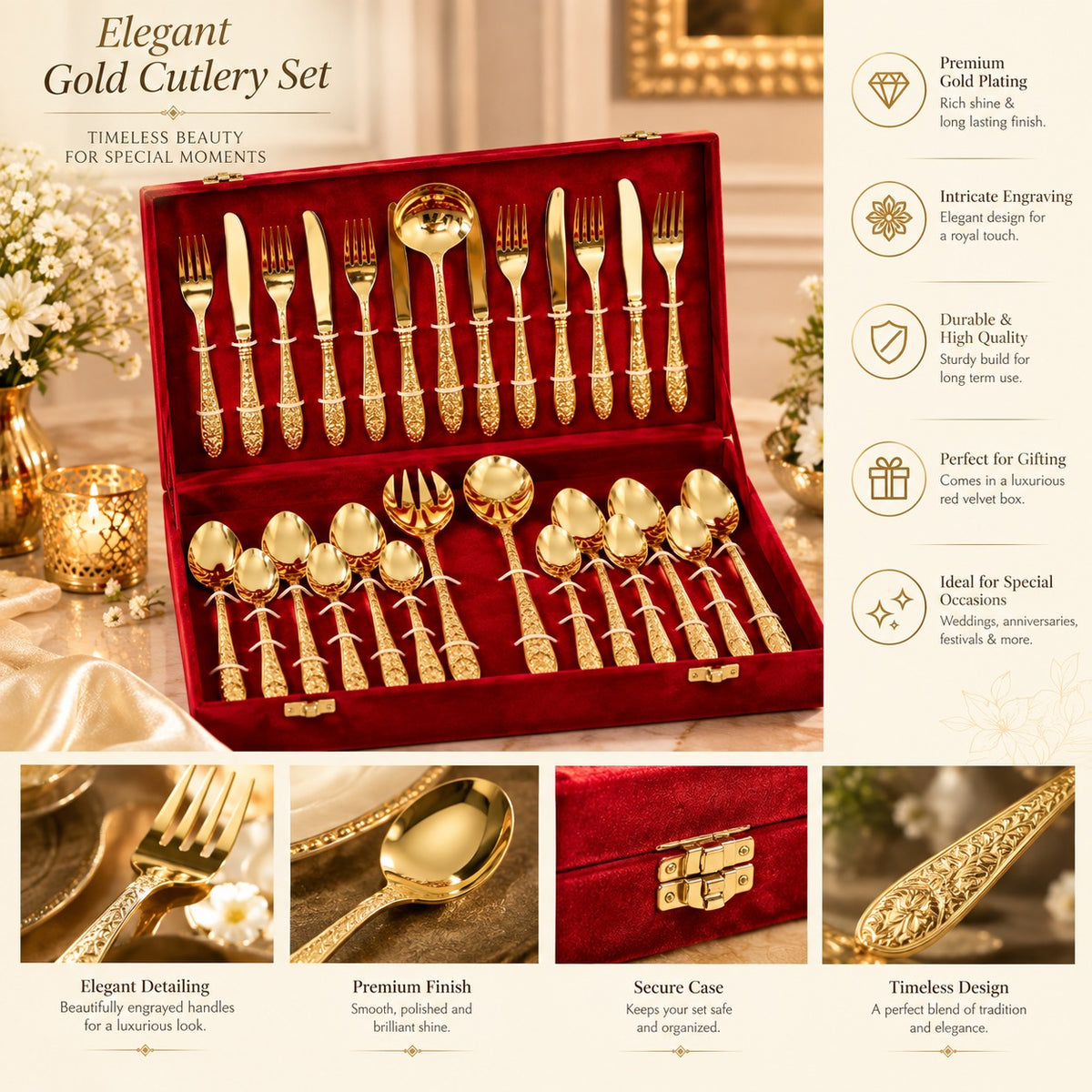 Gold Tone Engraved Pure Brass Cutlery Gift Set