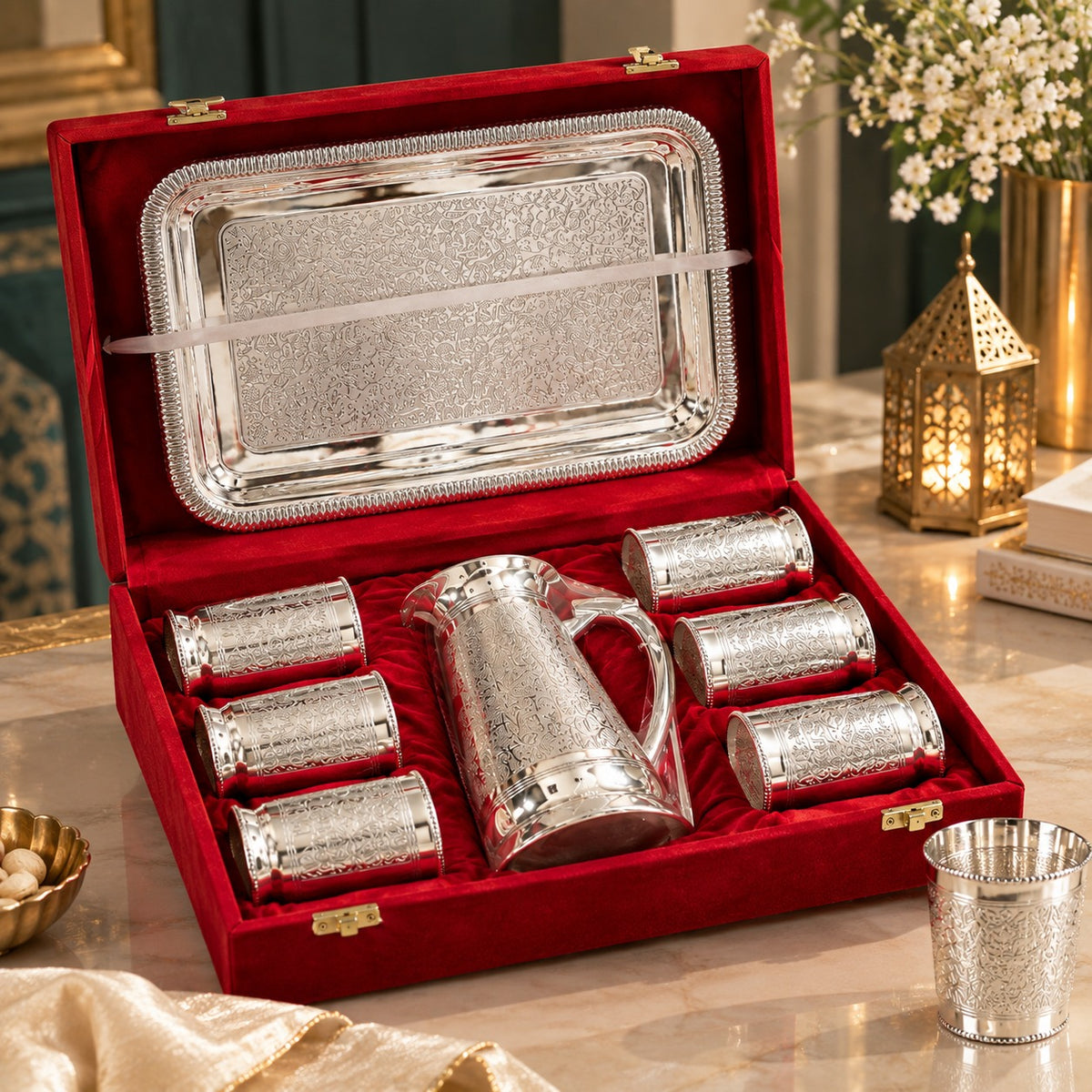 Brass Jug and Six Glasses Premium Gift Set