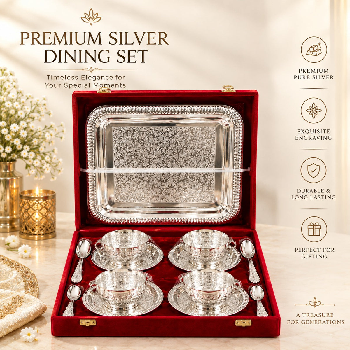 Pure Brass Tea Cup Set With Tray