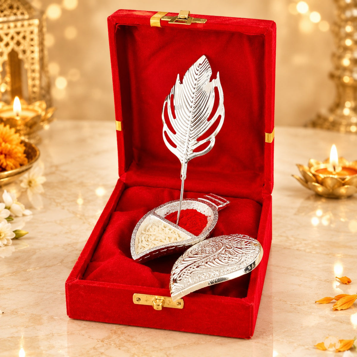 Silver Leaf Shaped Pooja Roli Chawal Gift Set