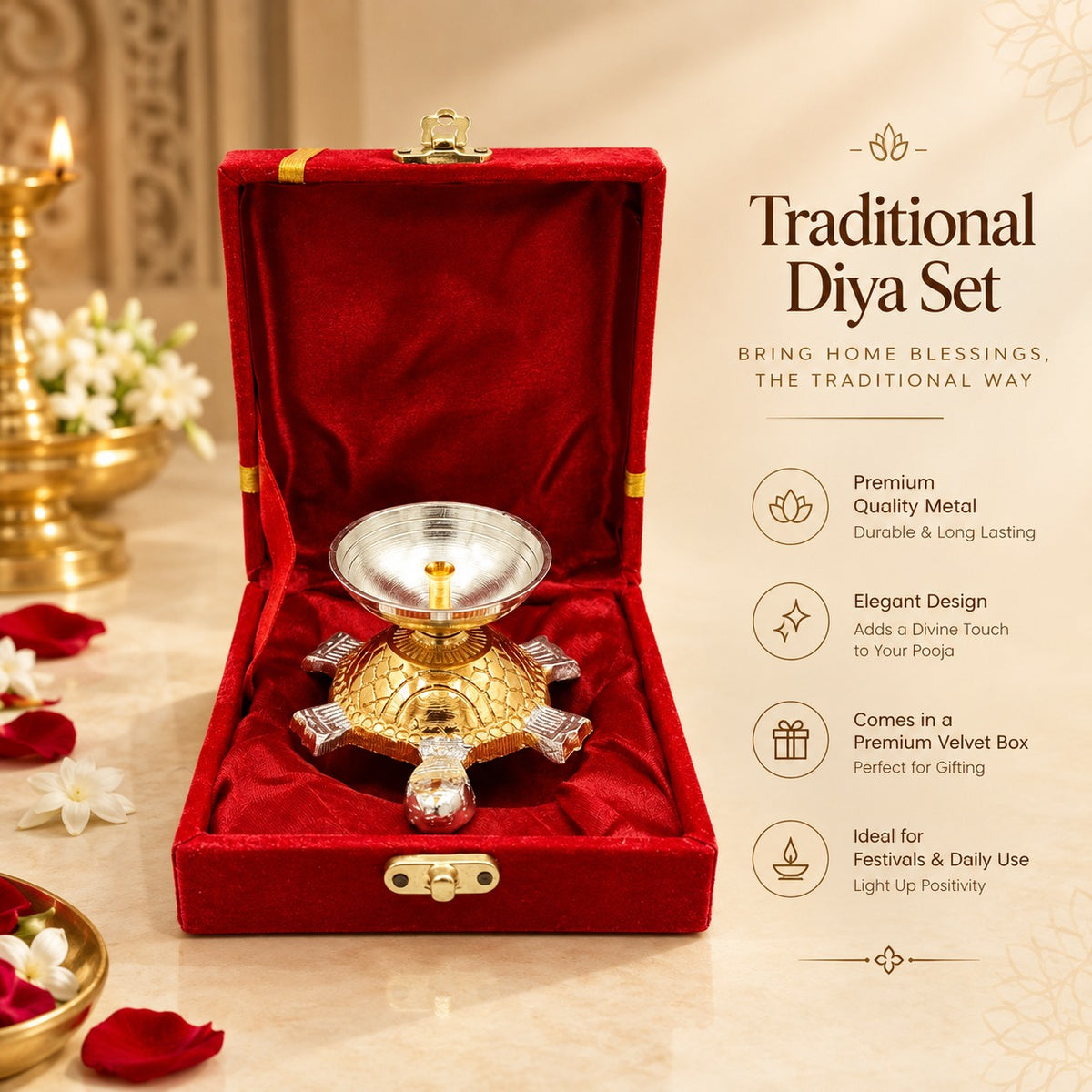 Gold Silver Turtle Diya Decorative Gift Set