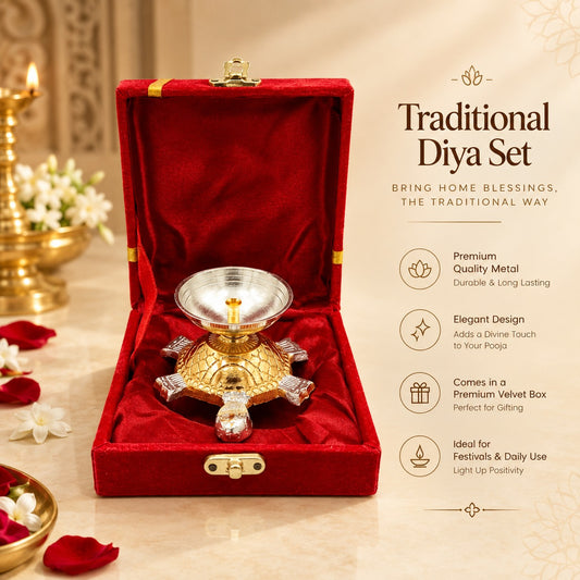 Gold Silver Turtle Diya Decorative Gift Set