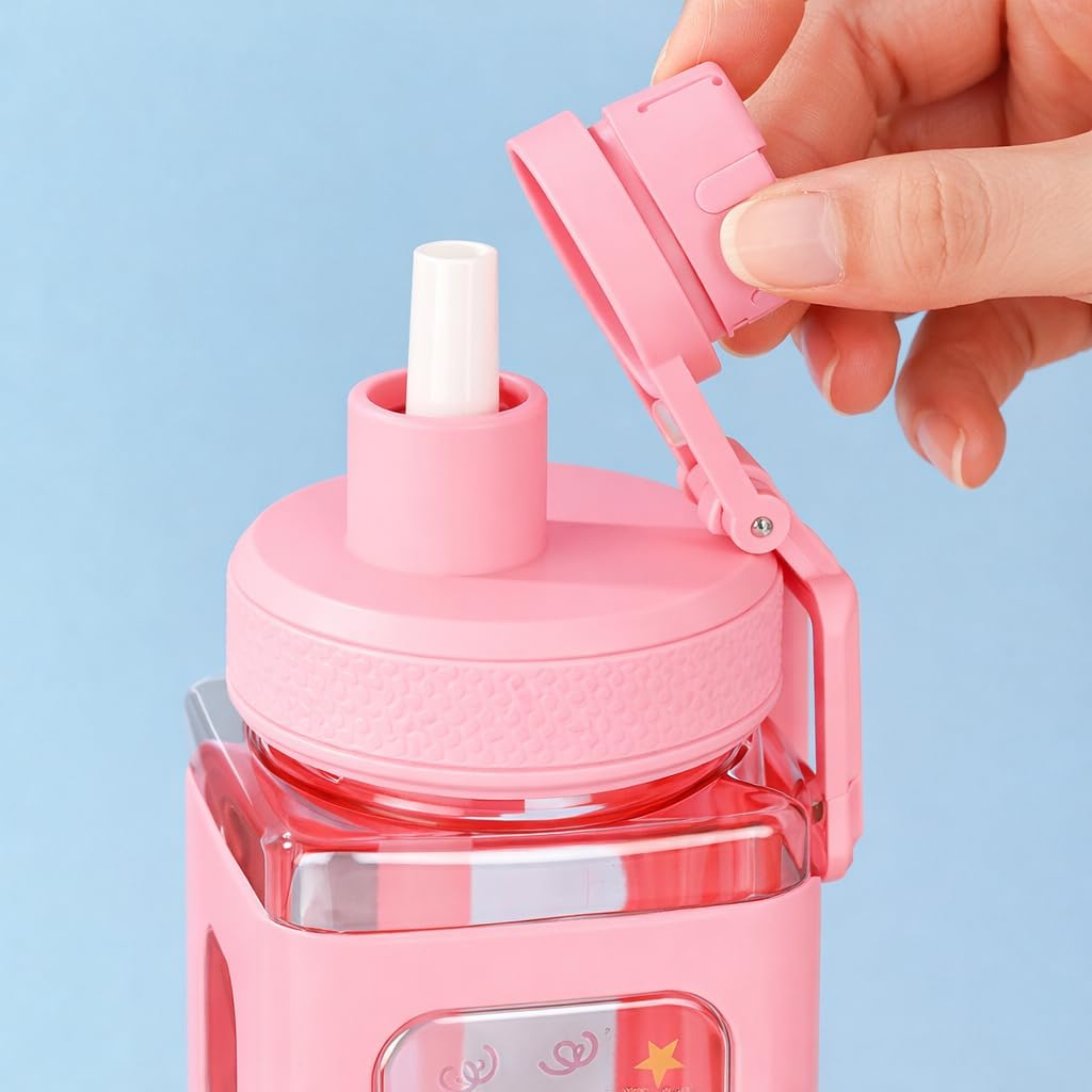 Large Square Water Bottle with Straw, Stickers & Portable