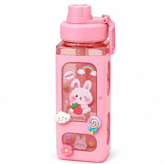 Large Square Water Bottle with Straw, Stickers & Portable