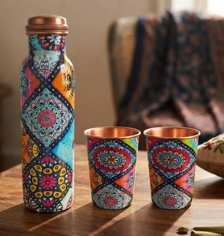3-Piece Printed Copper Water Bottle & Glass Gift Set