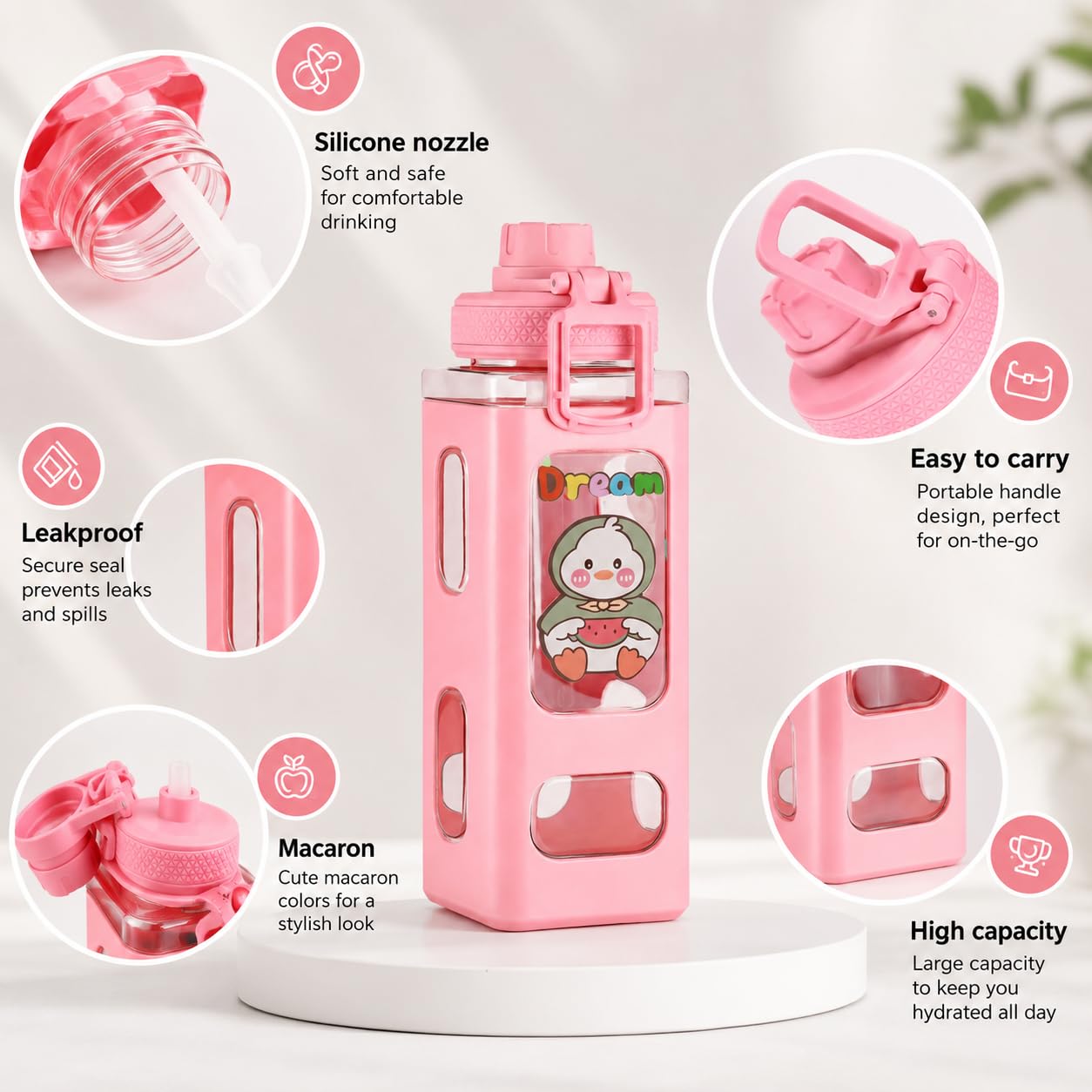 Large Square Water Bottle with Straw, Stickers & Portable