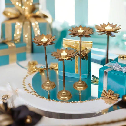 3-Piece Gold Lotus Diya Candle Holder Stand Set