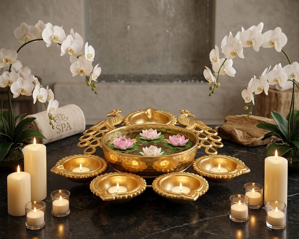 Artisanal Butterfly Design Gold Urli with Diya Set