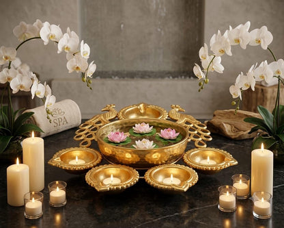 Artisanal Butterfly Design Gold Urli with Diya Set