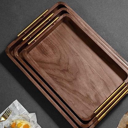 Set of 3 Premium Wooden Serving Trays with Gold Metal Handles