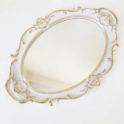 Elegant Gold & White Ornate Mirror Tray for Vanity, Perfume, Jewelry & Decorative Display