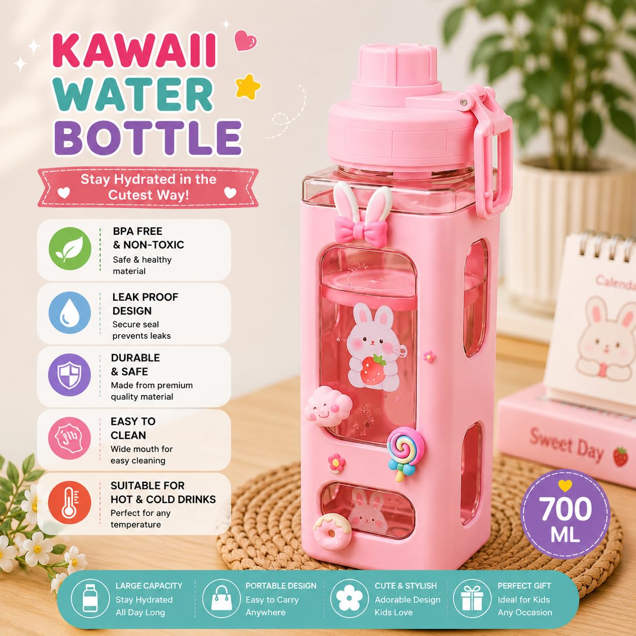 Large Square Water Bottle with Straw, Stickers & Portable