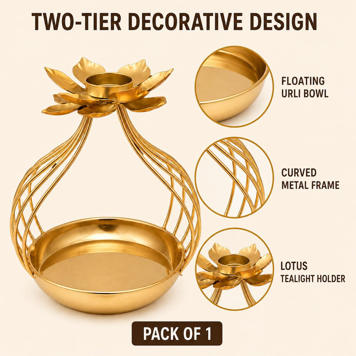 Golden Metal Lotus Urli Bowl Stand