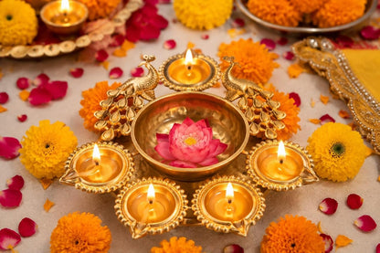 Artisanal Butterfly Design Gold Urli with Diya Set
