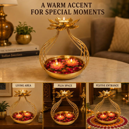 Golden Metal Lotus Urli Bowl Stand