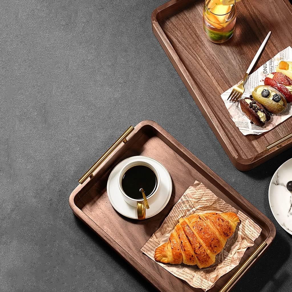 Set of 3 Premium Wooden Serving Trays with Gold Metal Handles