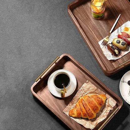 Set of 3 Premium Wooden Serving Trays with Gold Metal Handles