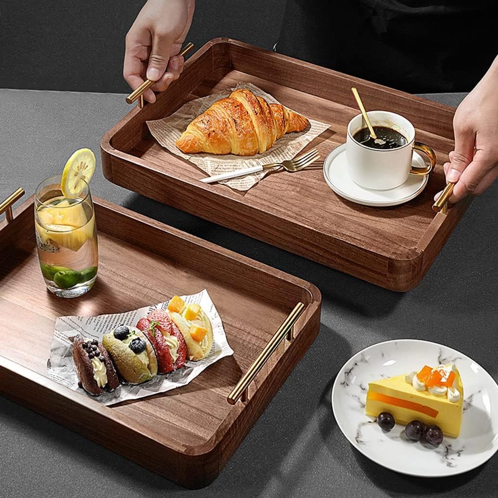 Set of 3 Premium Wooden Serving Trays with Gold Metal Handles