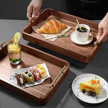 Set of 3 Premium Wooden Serving Trays with Gold Metal Handles