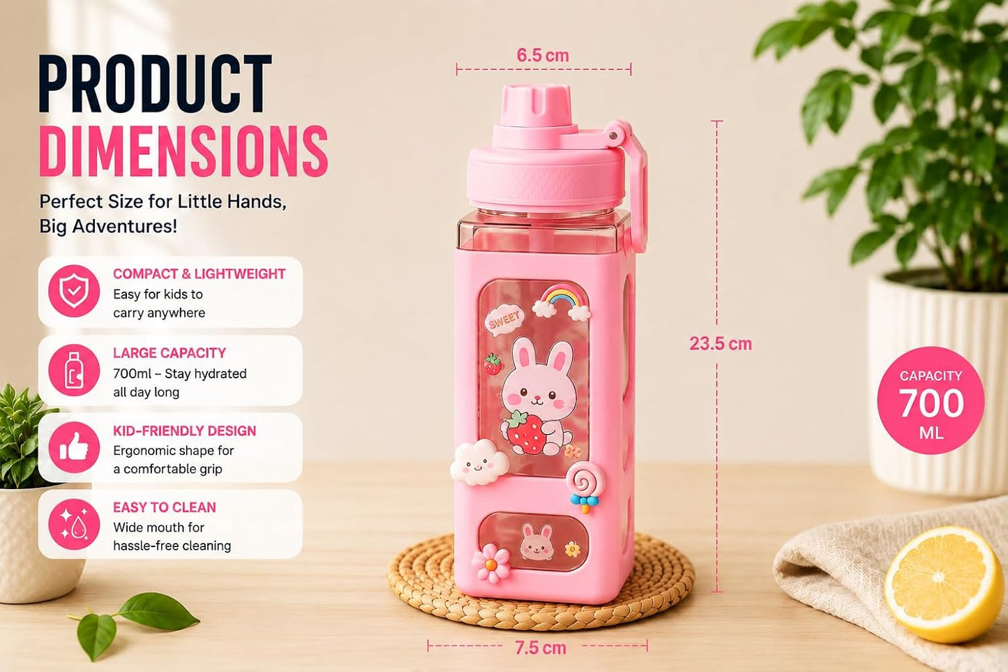 Large Square Water Bottle with Straw, Stickers & Portable