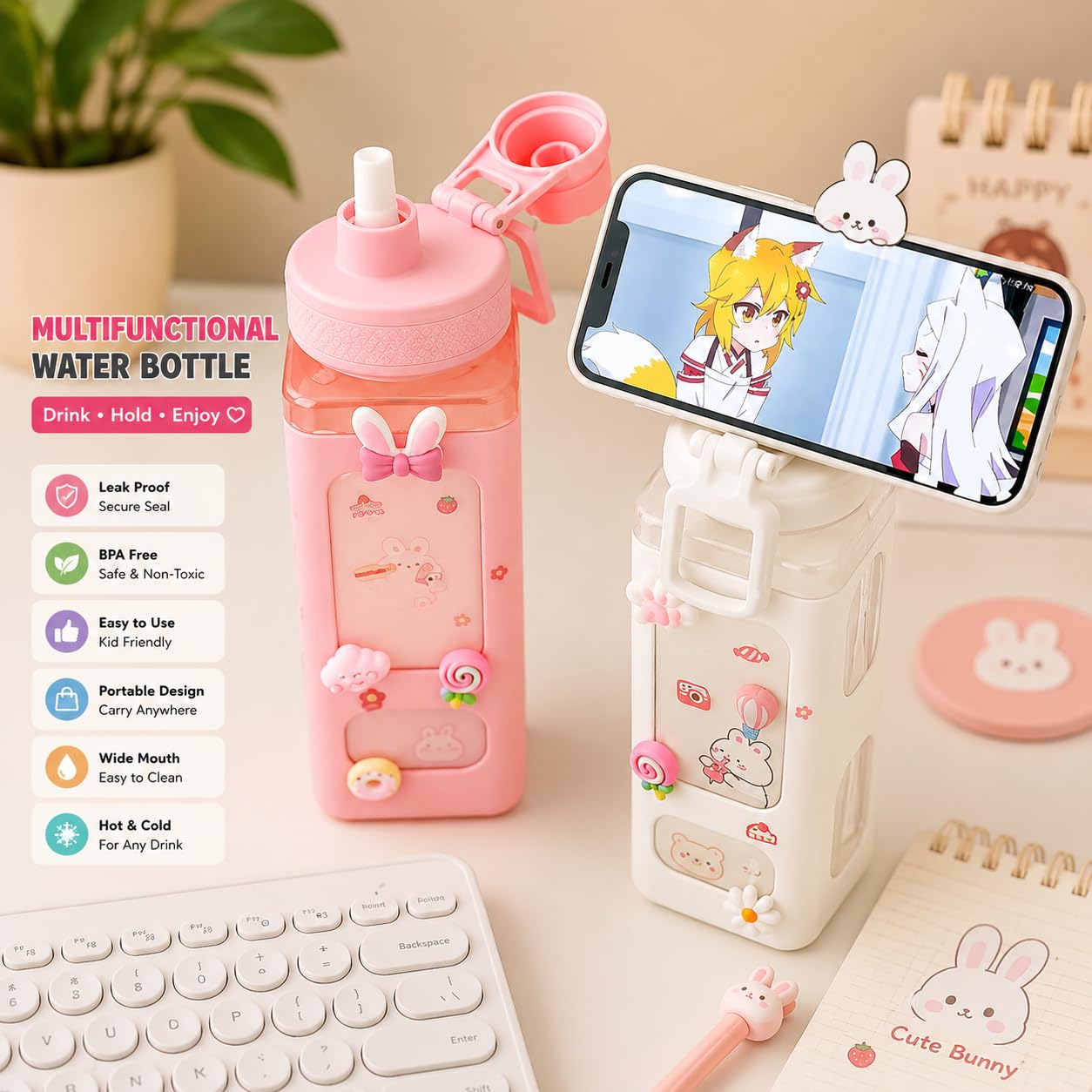 Large Square Water Bottle with Straw, Stickers & Portable
