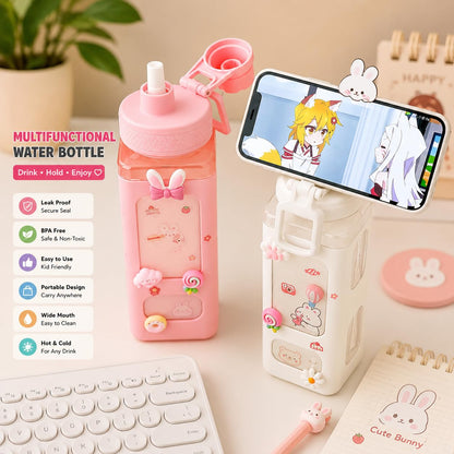 Large Square Water Bottle with Straw, Stickers & Portable