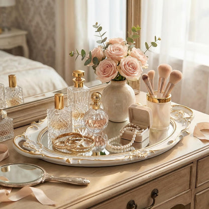 Elegant Gold & White Ornate Mirror Tray for Vanity, Perfume, Jewelry & Decorative Display