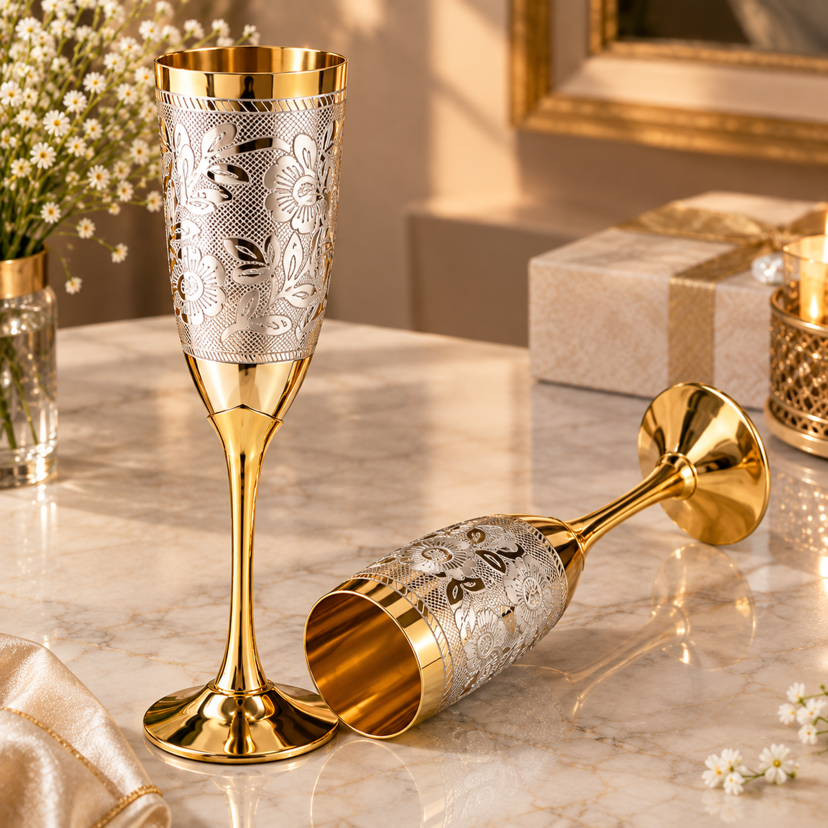 Floral Engraved Pure Brass Champagne Glasses