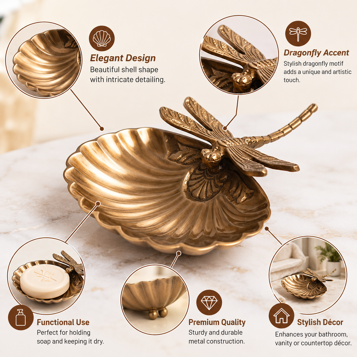 Elegant Antique Gold Dragonfly Shell Soap Holder – Decorative Metal Soap Dish for Bathroom, Vanity & Home Décor