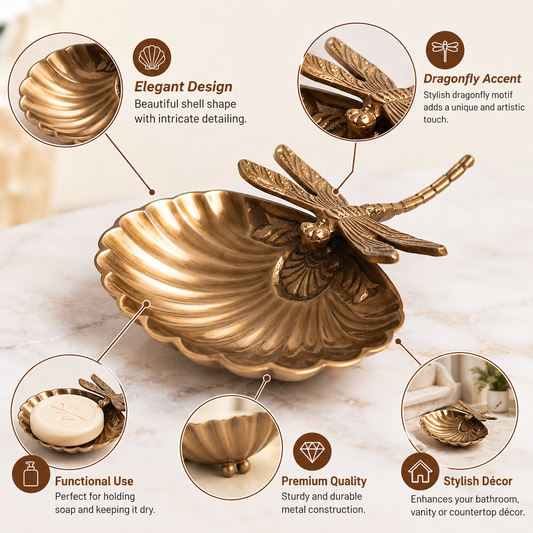 Elegant Antique Gold Dragonfly Shell Soap Holder – Decorative Metal Soap Dish for Bathroom, Vanity & Home Décor