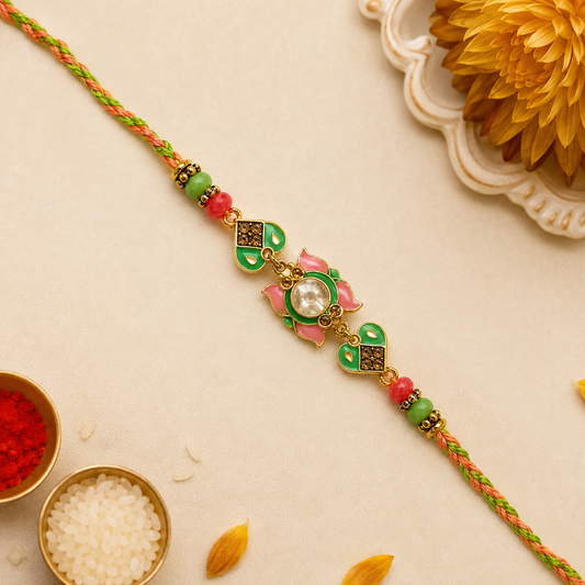 Green & Pink Floral Traditional Rakhi